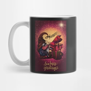 Cute Christmas greeting card with hippie gnome playing music on the piano Mug